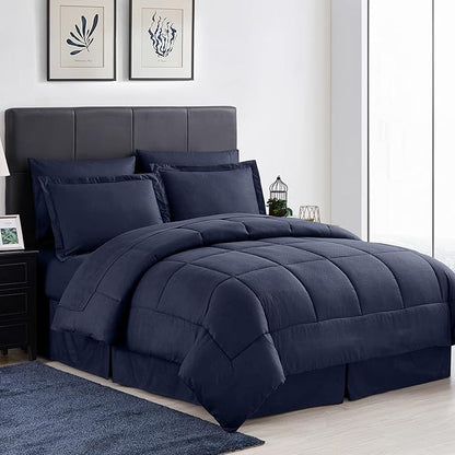 Queen Comforter Set 8 Piece Bed in a Bag with Bed Skirt, Fitted Sheet, Flat Sheet, 2 Pillowcases, 2 Pillow Shams, Queen, Greek Key Navy