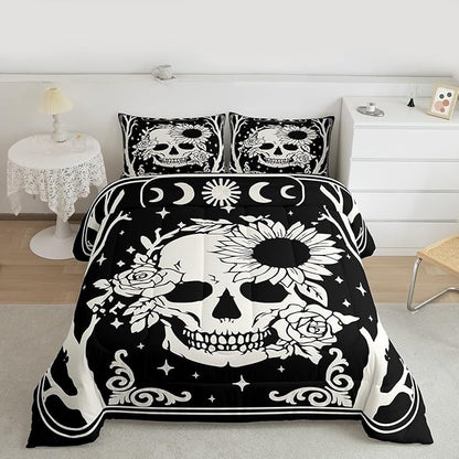 Erosebridal Halloween Skeleton Toddler Comforter Set, Gothic Skull Bedding Set, Skull Floral Comforter for Kids Boys Girls Teens Women Men Vintage Halloween Decor, Sun and Moon Black Goth Quilt