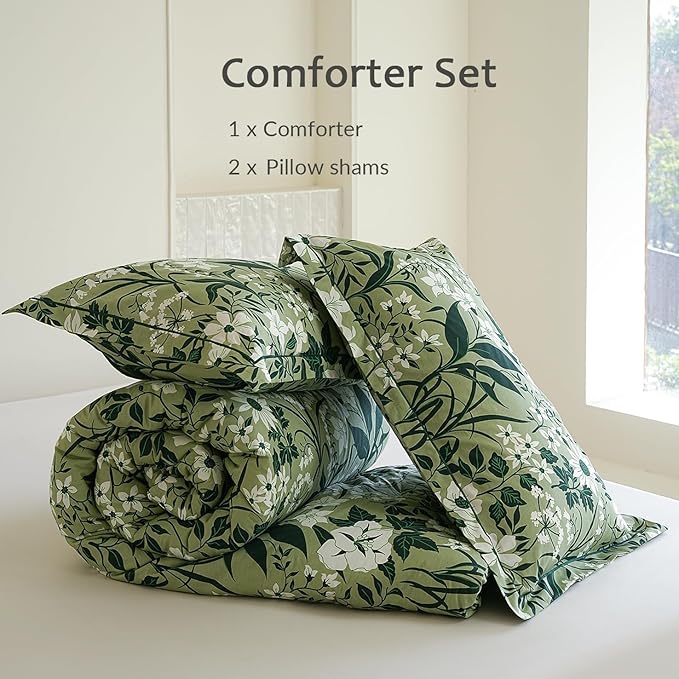 Cotton Queen Size Comforter Set, 3Pcs Garden Style Green Flower Print Botanical Comforter for All Seasons, Luxury Warmth Breathable Bedding Set with 1 Lightweight Comforter and 2 Pillow shams