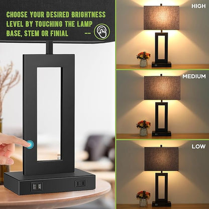 TOBUSA 28’’ Tall Black Lamps for Living Rooms Set of 2, Modern Touch Control Table Lamps for Bedroom, 3 Way Dimmable Bedside Lamps with 2 USB Ports&AC Outlet, High-end Decor Lamp for Home Office