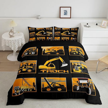 Erosebridal Excavator Comforter Set King Tractor Truck Bedding Set Construction Vehicle Down Comforter for Boys Kids Girls Teens Cartoon Heavy Machinery Car Bedding Sets & Collections, Gray Yellow