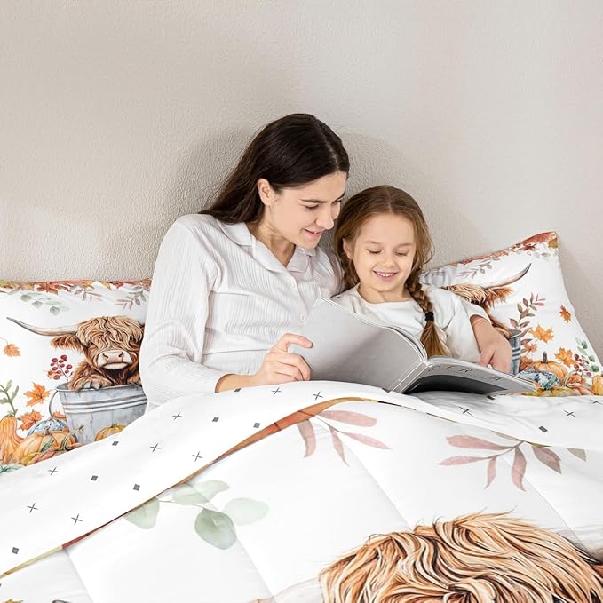 Highland Cow Bedding Set Toddler Size Cute Farm Animals Rustic Comforter Set for Kids Teens Bedroom Decor Fall Maple Leaf Pumpkin Soft Polyester Quilt Duvet Orange Duvet Insert,1 Pillowcase