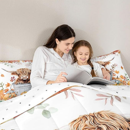 Highland Cow Bedding Set Toddler Size Cute Farm Animals Rustic Comforter Set for Kids Teens Bedroom Decor Fall Maple Leaf Pumpkin Soft Polyester Quilt Duvet Orange Duvet Insert,1 Pillowcase