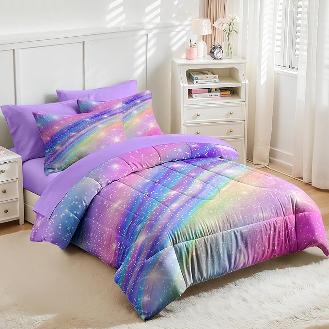 Nesker 7 Pcs Comforter Set Full Size, Pink Gradient Star Colorful Glitter Bedding Set for Kids and Adults, Rainbow Star Galaxy Girls Bed Sheet Sets with Fitted Sheet 2 Pillowcases & 2 Shams