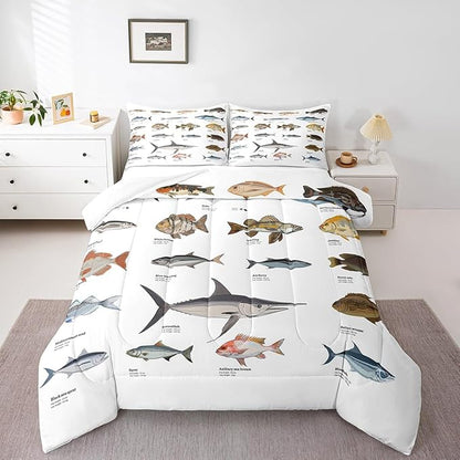 Erosebridal Bass Fish Full Comforter Set for Boys Girls Farmhouse Fishing and Hunting Theme Bedding Set, Big Pike Fish Pattern Duvet Insert Fishing Lures Hook Quilt Bed Set Rustic Bedroom Decor