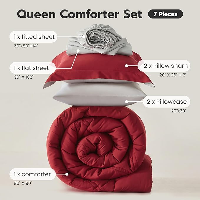 Joiedomi Queen Comforter Set with Sheets Red, 7 Pieces Queen Bed Set with 1 Down Alternative Comforter, 1 Flat Sheet, 1 Fitted Sheet, 2 Pillowcases and 2 Pillow Shams, Bed in a Bag for All Seasons