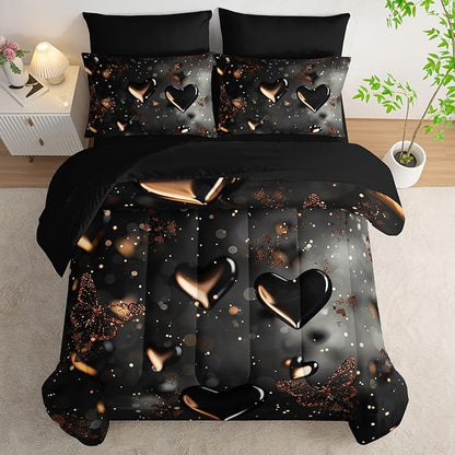 7 Piece Black Heart Comforter Set King，King Size Heart Bedding Set，Heart Themed Bedroom Decor，(1 Comforter, 1 Flat Sheet, 1 Fitted Sheet, 2 Pillowcase and 2 Pillow Sham)