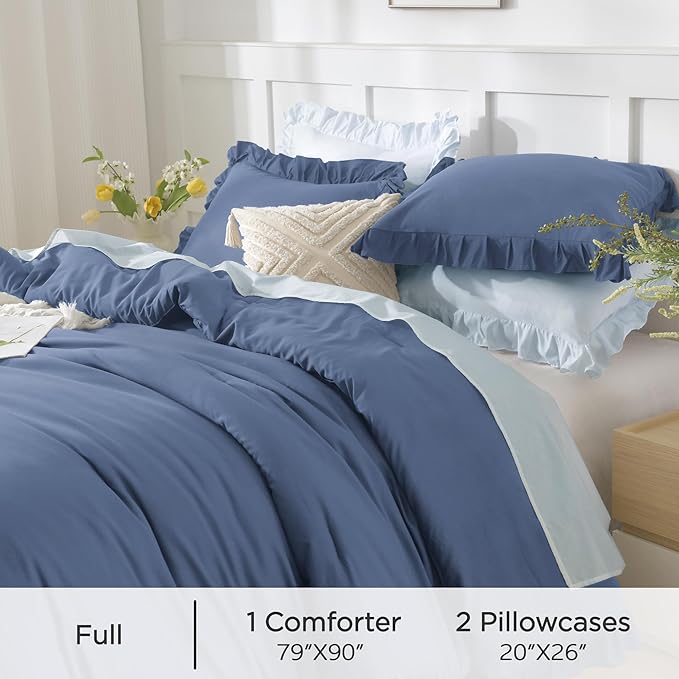 Andency Ocean Blue Comforter Full Size, 3 Pieces Solid Farmhouse Shabby Chic Ruffle Bedding Sets, All Season Soft Lightweight Comfy Down Alternative Bed Set for Girls Teens Men Women