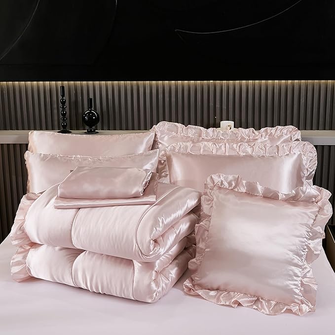 Luxury Silky Comforter Set with Sheet Set King 8 Pieces Light Pink Bedding Set Silk Like Satin Ruffle Pattern Home Deocr Sexy Hotel Silky Bed Set with 1 Cushion Cover