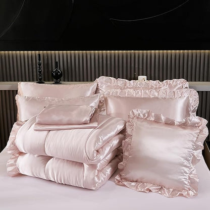 Luxury Silky Comforter Set with Sheet Set King 8 Pieces Light Pink Bedding Set Silk Like Satin Ruffle Pattern Home Deocr Sexy Hotel Silky Bed Set with 1 Cushion Cover
