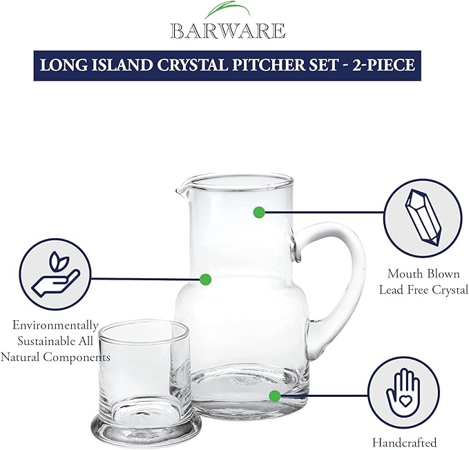 Badash Long Island Crystal Pitcher Set - 2-Piece 24 oz. Mouth-Blown Lead-Free Crystal Glass Carafe with 6 oz. Glass Set - Perfect Bedside or Desktop Water Pitcher