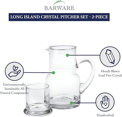 Badash Long Island Crystal Pitcher Set - 2-Piece 24 oz. Mouth-Blown Lead-Free Crystal Glass Carafe with 6 oz. Glass Set - Perfect Bedside or Desktop Water Pitcher