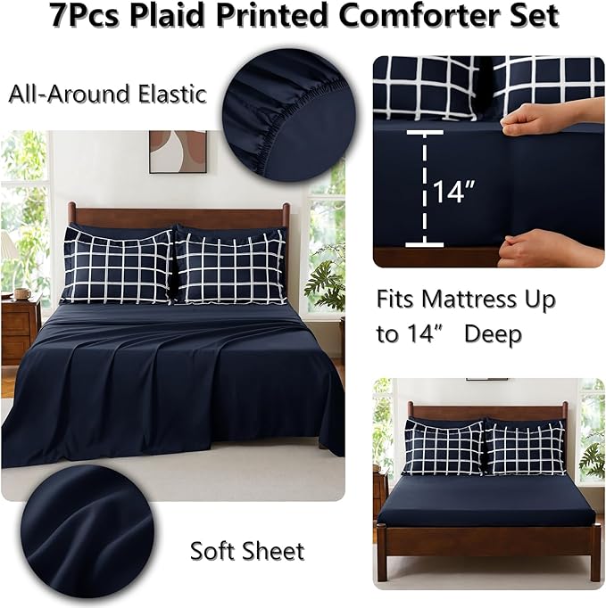 CozyLux King Size Comforter Set Navy Blue - 7 Pieces Plaid Bed in a Bag Set, Soft Bed Set King Bedding Sets with All Season Quilted Comforter, Flat Sheet, Fitted Sheet, Pillowcases & Pillow Shams