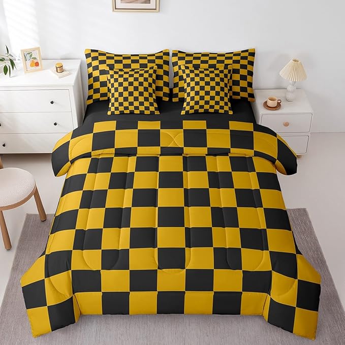 Feelyou Checkered 7 Piece Bedding Set Teen Yellow Black Plaid Comforter Set with Sheets Twin Size Kids Boys Cute Retro Neutral Checkerboard Geometric Bed in a Bag Vintage Aesthetic Room Decor