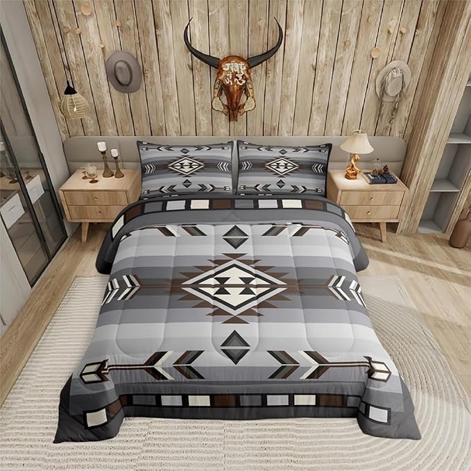 Erosebridal Rustic Western Queen Comforter Set - American Native Southwestern Bedding for Boys & Men - Bohemian Aztec Quilt - Exotic Ethnic Tribal Bed Set - Brown & Grey Farmhouse Decor - 3 Pcs