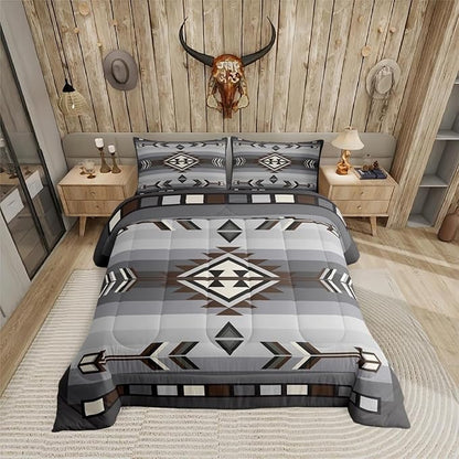 Erosebridal Rustic Western Full Comforter Set American Native Southwestern Bedding Set for Boys Men Bohemian Aztec Quilt Bedding Sets Exotic Ethnic Tribal Bed Set Brown Grey Farmhouse Decor 3 Pcs