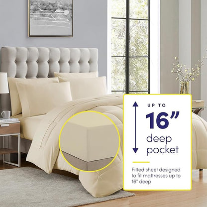King Size Comforter Set with Sheets - 7-Piece Bedding Collection - 1 Comforter, 1 Fitted Sheet, 1 Flat, 4 Pillowcases - Deep Pocket - Soft & Breathable Premium Quality - Ideal for All Seasons, Beige