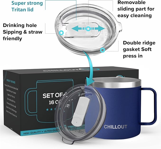 CHILLOUT LIFE 16 oz (Set of 2) Stainless Steel Vacuum Insulated Coffee Mug with Handle and Lid, Large Thermal Camping Coffee Mugs with Sliding Lid for Men & Women