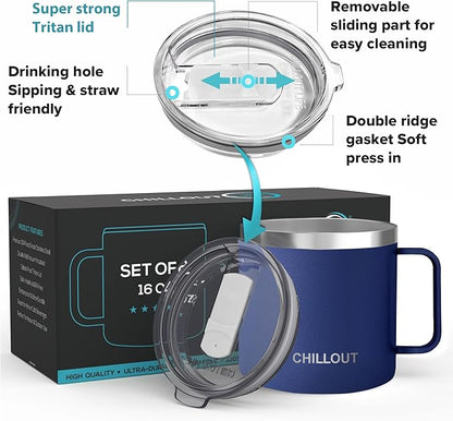 CHILLOUT LIFE 16 oz (Set of 2) Stainless Steel Vacuum Insulated Coffee Mug with Handle and Lid, Large Thermal Camping Coffee Mugs with Sliding Lid for Men & Women