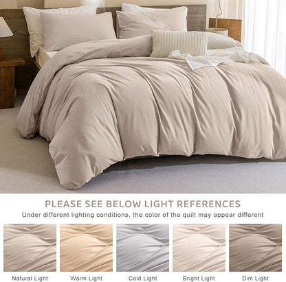 Sanracie Pre-Washed Cotton King Comforter Set, Beige Khaki Colored Bedding Set 3Pcs Ultra Soft Breathable Bed Comforter Set for All Season