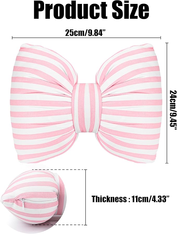 Little Pink Bow Pillows Car Decorative 10x9.5 inch, Stripes Shaped Headrest Pillow for Car Cotton Handmade Cushion Striped Case Washable Coquette for Sofa Office Neck Lumbar Aesthetic Room Home Decor