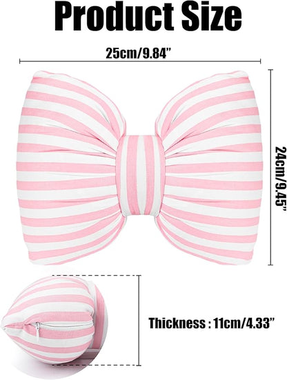 Little Pink Bow Pillows Car Decorative 10x9.5 inch, Stripes Shaped Headrest Pillow for Car Cotton Handmade Cushion Striped Case Washable Coquette for Sofa Office Neck Lumbar Aesthetic Room Home Decor