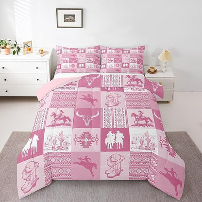 Western Bedding Sets King Size,Pink Cowboy Cowgirl Comforter Set for Kids Girls Boys Women Room Decor,Bull Skull Aztec Tribal Pattern Quilt Set Pink Striped Patchwork Gird Duvet Insert 3Pcs