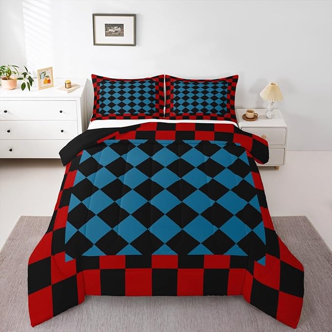 Feelyou Checkered Retro Bedding Set for Boys Girls Red Blue Black Plaid Comforter Set King Size Geometric Vintage Duvet Quilt Modern Simple Groovy Aesthetic Bedroom Decor 3 Pcs with 2 Pillow Cases