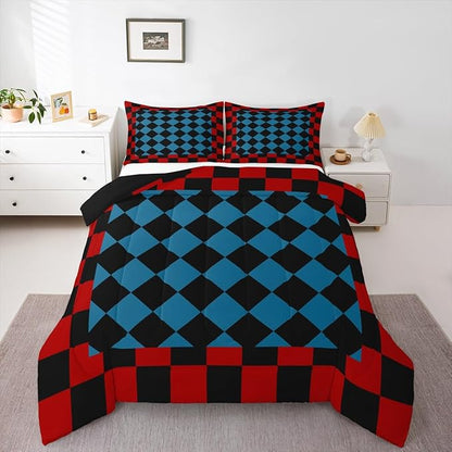 Feelyou Checkered Retro Bedding Set for Boys Girls Red Blue Black Plaid Comforter Set King Size Geometric Vintage Duvet Quilt Modern Simple Groovy Aesthetic Bedroom Decor 3 Pcs with 2 Pillow Cases