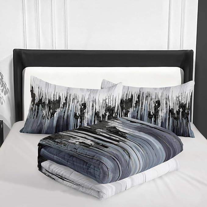 Black Grey White Gradient Print Comforter Set King Size,Abstract Art Bedding Set,Patchwork Printed Quilted Set for Teens Adult,with 1 Comforter and 2 Pillow Case