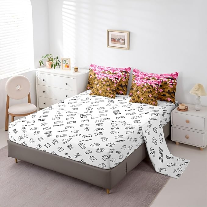 Castle Fairy Miner Theme Games 7 Piece Comforter & Sheet Sets Full Size,Pixel Pink Brown Bedding Set Building Gamers Bed in a Bag Block Patchwork Flat & Fitted Sheets,4 Pillow Covers