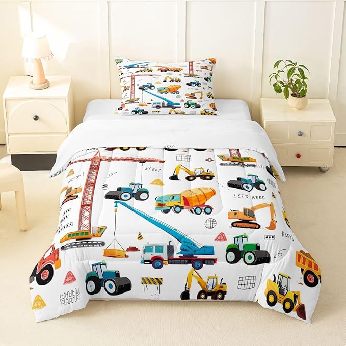 Excavator Comforter Set Twin Size, Tractor Machinery Trucks Bedding Set, Construction Vehicle Down Comforter For Kids Boys, Bulldozer Crane Equipment Truck Duvet Set 2Pcs Room Decor, Yellow Green