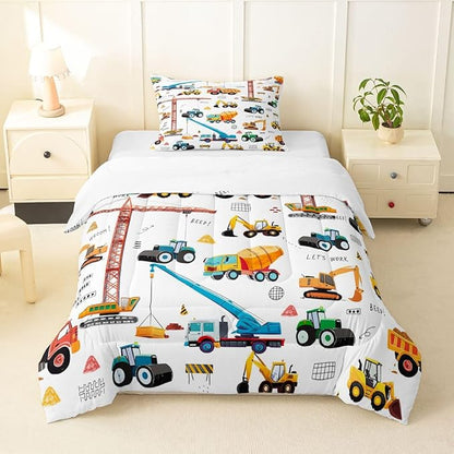 Excavator Comforter Set Twin Size, Tractor Machinery Trucks Bedding Set, Construction Vehicle Down Comforter For Kids Boys, Bulldozer Crane Equipment Truck Duvet Set 2Pcs Room Decor, Yellow Green