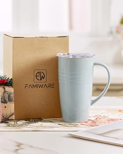 famiware Jupiter Large Coffee Mug, 20oz Coffee Mug with Lid, Ceramic Mugs Set of 2, Cup Set with Handle for Latte, Tea, Cocoa, Milk, Microwave and Dishwasher Safe, Light Blue and Light Green