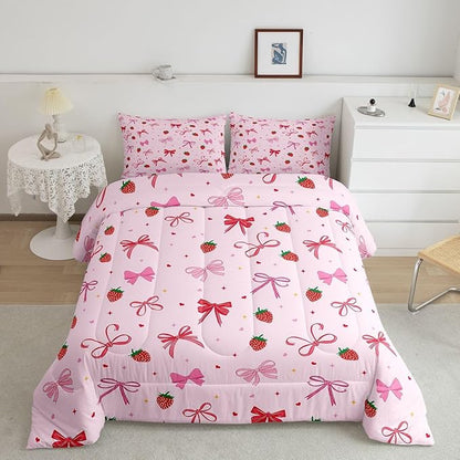 Feelyou Pink Bow Kids Comforter Set Twin Size Cute Strawberry Bedding Set Kawaii Bowknot Duvet Quilt for Kids Boys Girls Bedroom Princess Decor Decor Microfiber Ultra Soft Breathable