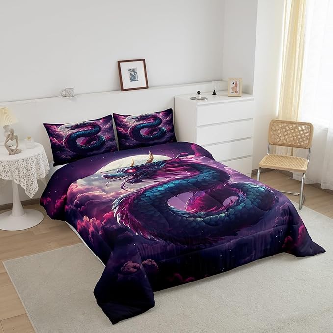 Mystery Dragon Comforter Set for Kids Adults,Exotic Moon Vintage Dragon Chinese Style Bedding Comforter Sets King,3D Wildlife Watercolor Cloud Quilt Comforter with 2 Pillowcases