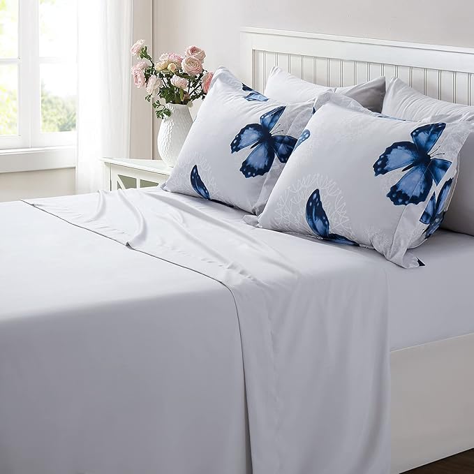 ARTALL Butterfly Pattern Bed in A Bag 6 Piece Bedding Twin Comforter Sets 1 Comforter, 1 Pillow Shams, 1 Flat Sheet, 1 Fitted Sheet, 1 Bed Skirt, 1 Pillowcases,Blue