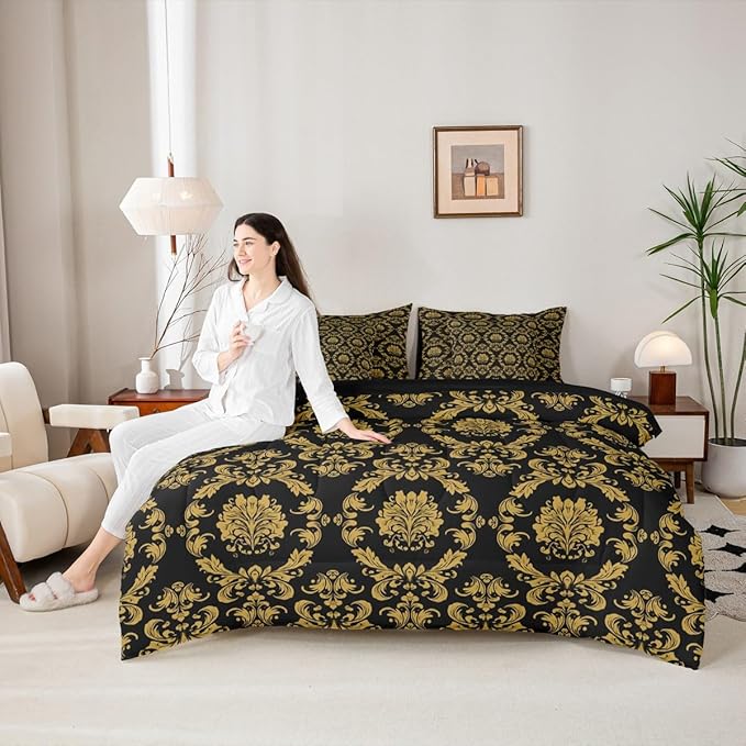 Erosebridal Black and Gold Damask Comforter Set 7-Piece Bed in a Bag Twin | Victorian Decor Gothic Vintage Floral Bedding Sets Baroque Goth Comforter and Sheet Set, Luxury Bohemian Room Decor