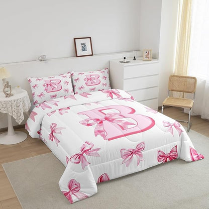 Erosebridal Pink Bowknot Toddler Bedding Set for Girls,Initial Letter B Comforter Set for Kids Teen Women Room Decor,Pink Monogrammed Bedding Comforter Sets Dreamy Princess Bow Quilt Duvet