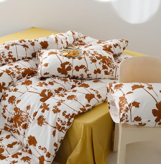 KAREVER Pumpkin Botanical Comforter Set Twin White Pumpkin Floral Plant Bedding Set Girls Autumn Season Rustic Blossom Leaves on White Blanket Twin Size