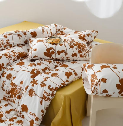 KAREVER Pumpkin Botanical Comforter Set Twin White Pumpkin Floral Plant Bedding Set Girls Autumn Season Rustic Blossom Leaves on White Blanket Twin Size