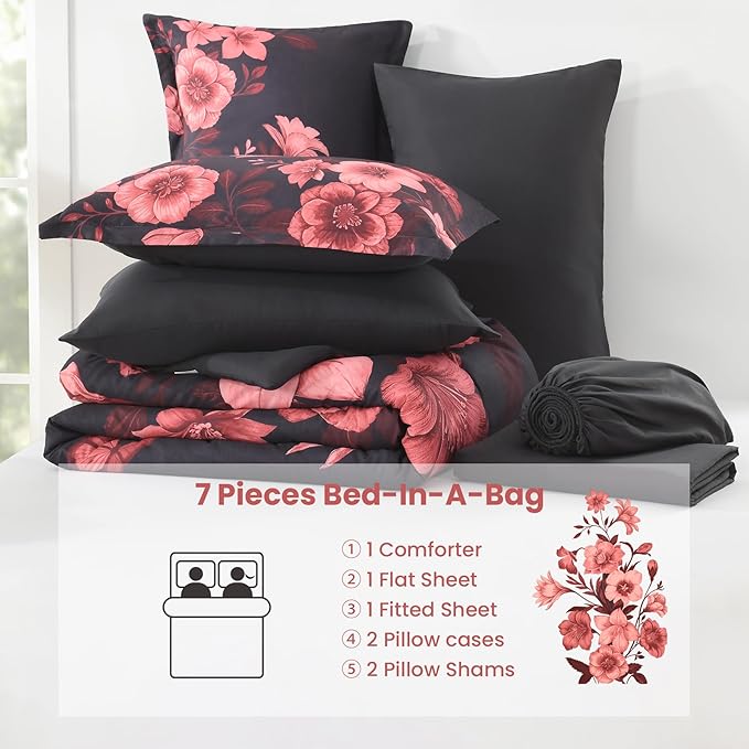Floral King Size Comforter Set, 7 Piece Black Bed in a Bag, Elegant Flower Pattern Comforter Set with Sheet, Soft Microfiber Complete Bedding Sets for All Season