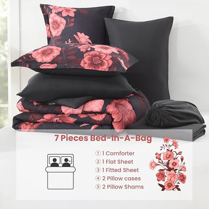 Floral King Size Comforter Set, 7 Piece Black Bed in a Bag, Elegant Flower Pattern Comforter Set with Sheet, Soft Microfiber Complete Bedding Sets for All Season
