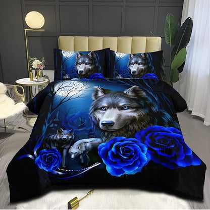 Wolf Comforter Set Queen Size, Western Blue Floral Microfiber Bedding Set, Farmhouse Rose Moon Night Bedroom Decor for Adult Women, 90"x90"