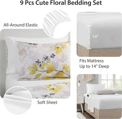 Queen Comforter Set Yellow Bed Set, 9 Pieces Cute Floral Bedding Set Ultra Soft Botanical Flowers Comforter, Sheets, Pillowcases & Shams