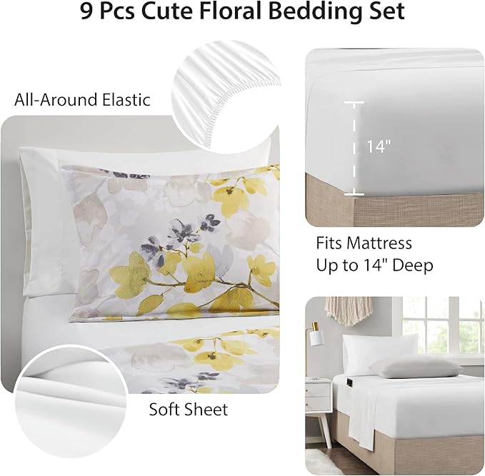 Full Comforter Set Yellow Bed Set, 9 Pieces Cute Floral Bedding Set Ultra Soft Botanical Flowers Comforter, Sheets, Pillowcases & Shams