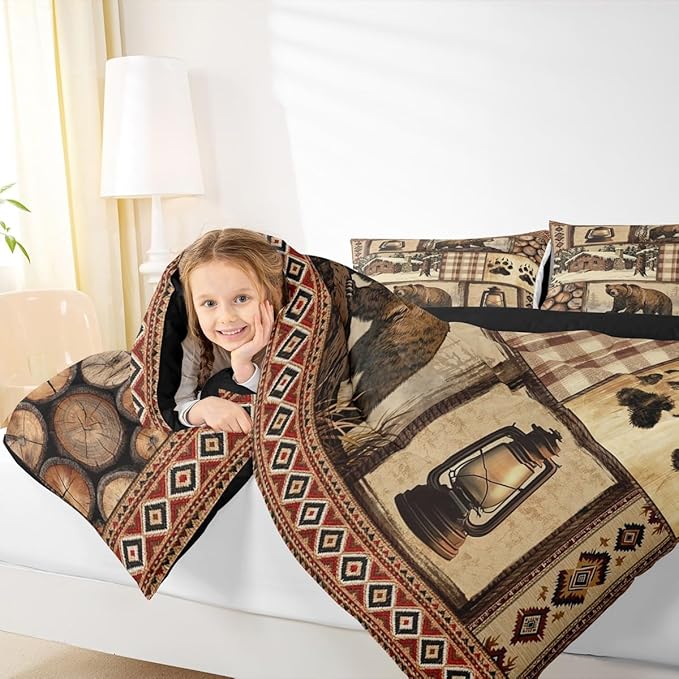 Feelyou Bear Comforter Set King Size Wildlife Hunting Bedding Set for Kids Boys Girls Rustic Cabin Duvet Quilt Farmhouse Bedroom Decor Microfiber 3 Pcs with 2 Pillow Cases