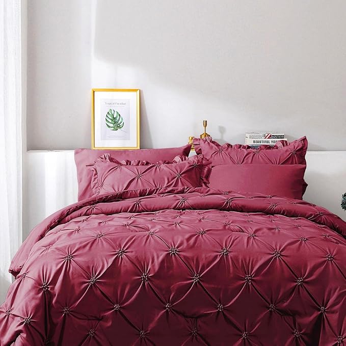 JOLLYVOGUE King Size Comforter Set 7 Pieces, Dark Red Bed in a Bag Comforter Set for Bedroom, Beddding Sets with Comforter, Sheets,Ruffled Shams & Pillowcases
