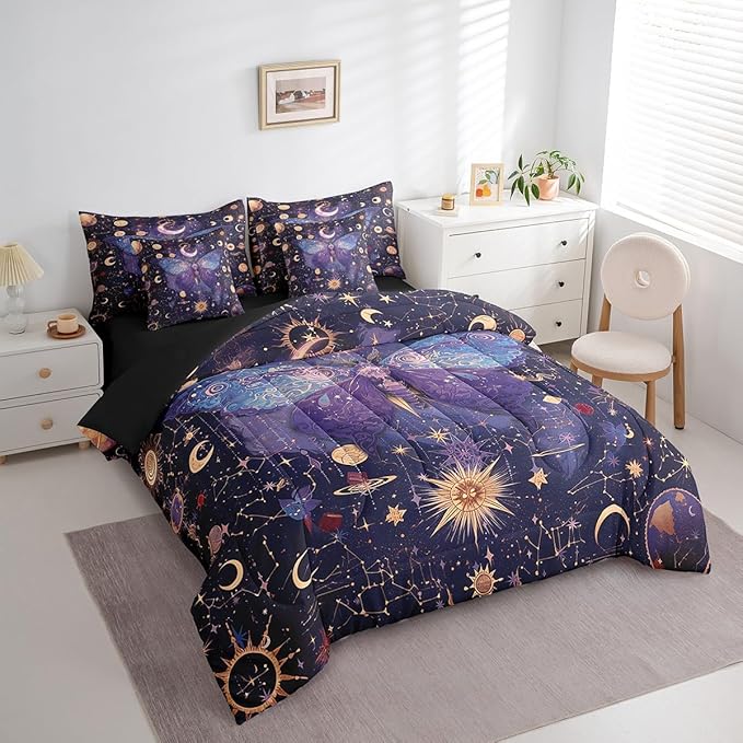 Erosebridal Purple Butterfly Comforter Set King 7 Piece,Gold Sun Moon and Stars Bedding Set Boho Trippy Room Decor,Galaxy Constellation Bed in a Bag with Fitted Sheet,Flat Sheet,Pillowcases & Shams