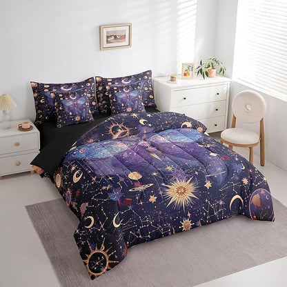 Erosebridal Purple Butterfly Comforter Set King 7 Piece,Gold Sun Moon and Stars Bedding Set Boho Trippy Room Decor,Galaxy Constellation Bed in a Bag with Fitted Sheet,Flat Sheet,Pillowcases & Shams